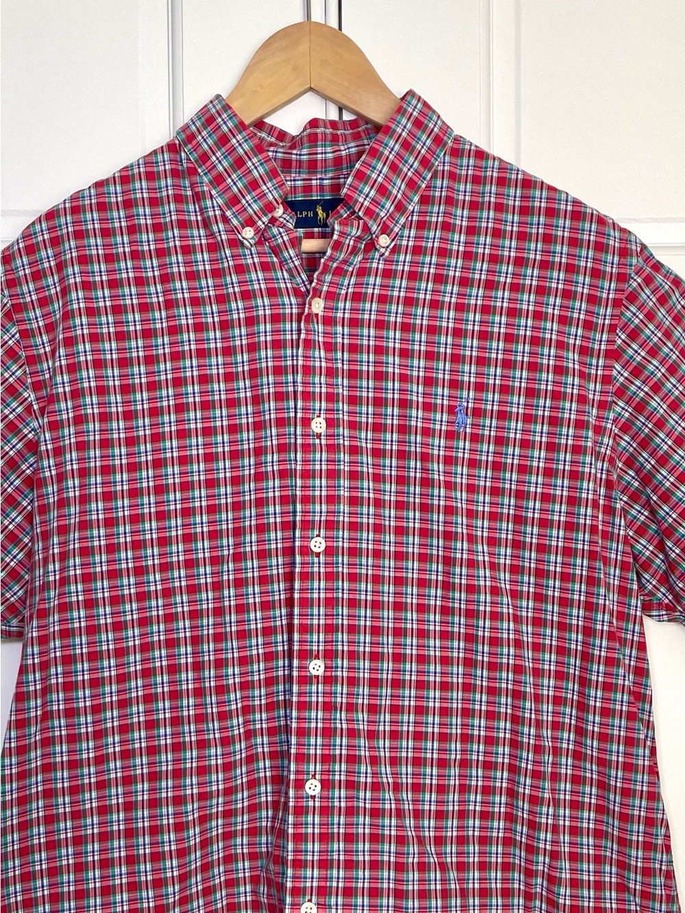 Ralph Lauren Men's Shirt Large Red Short Sleeve Button Down preppy Cotton